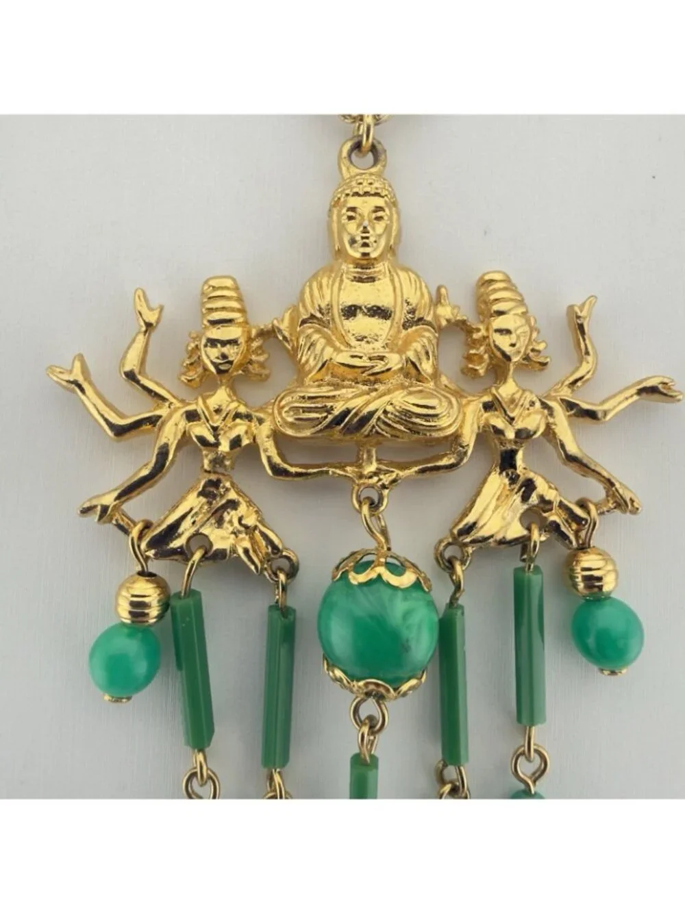 Vintage ART Arthur Pepper Pendant Necklace Buddha Gold Tone Green Stone Signed